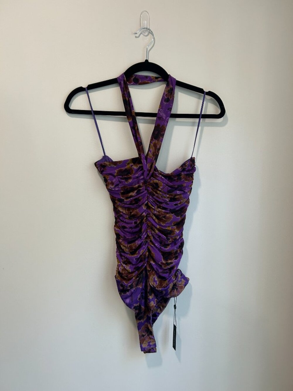 NWT AFRM Avi Bodysuit Purple Haze Floral Mesh Halter Y2K Going Out Top M - Picture 4 of 14
